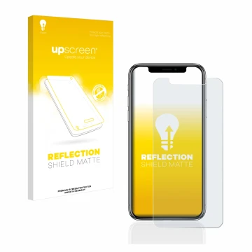 Face avant d’un emballage produit avec le logo de la marque upscreen. À côté, l’appareil Apple iPhone X est représenté avec la