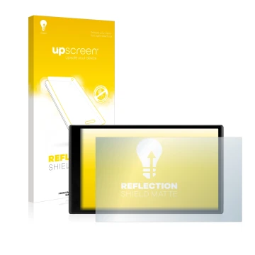 Face avant d’un emballage produit avec le logo de la marque upscreen. À côté, l’appareil Garmin DriveSmart 61 LMT-D est représ