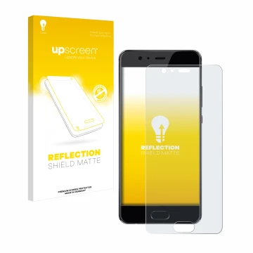 Face avant d’un emballage produit avec le logo de la marque upscreen. À côté, l’appareil Huawei P10 Plus est représenté avec l