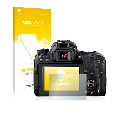 Face avant d’un emballage produit avec le logo de la marque upscreen. À côté, l’appareil Canon EOS 77D est représenté avec la 