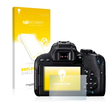 Face avant d’un emballage produit avec le logo de la marque upscreen. À côté, l’appareil Canon EOS 800D est représenté avec la