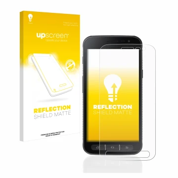 Face avant d’un emballage produit avec le logo de la marque upscreen. À côté, l’appareil Samsung Galaxy XCover 4 est représent
