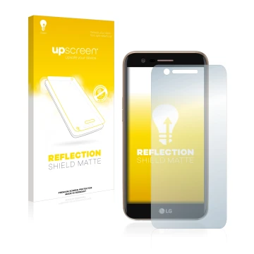 Face avant d’un emballage produit avec le logo de la marque upscreen. À côté, l’appareil LG K10 2017 est représenté avec la pr