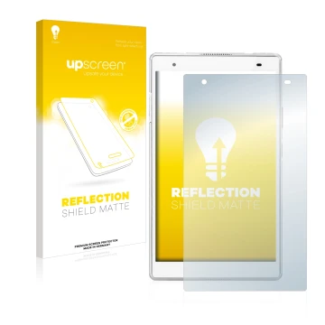 Face avant d’un emballage produit avec le logo de la marque upscreen. À côté, l’appareil Lenovo Tab 4 8 Plus est représenté av