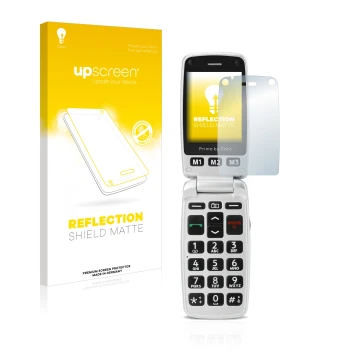 Face avant d’un emballage produit avec le logo de la marque upscreen. À côté, l’appareil Doro Primo 413 est représenté avec la