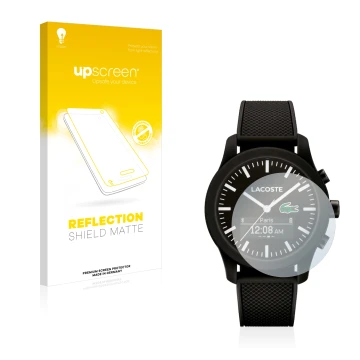 Face avant d’un emballage produit avec le logo de la marque upscreen. À côté, l’appareil Lacoste 12.12 Contact est représenté 