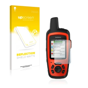 Face avant d’un emballage produit avec le logo de la marque upscreen. À côté, l’appareil Garmin inReach Explorer+ est représen