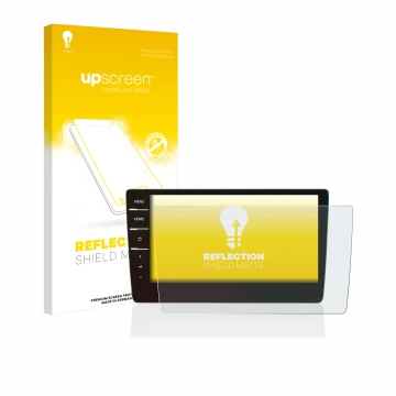 Face avant d’un emballage produit avec le logo de la marque upscreen. À côté, l’appareil Volkswagen Golf 7 Discover Pro 9.2