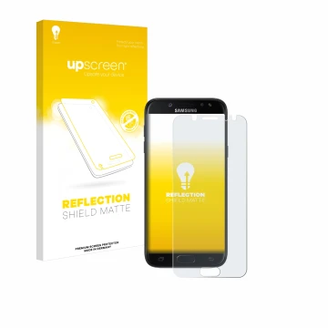 Face avant d’un emballage produit avec le logo de la marque upscreen. À côté, l’appareil Samsung Galaxy J5 2017 est représenté