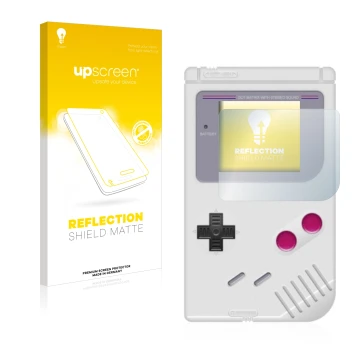 Face avant d’un emballage produit avec le logo de la marque upscreen. À côté, l’appareil Nintendo Gameboy (1989) est représent