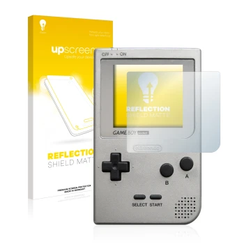 Face avant d’un emballage produit avec le logo de la marque upscreen. À côté, l’appareil Nintendo Gameboy Pocket est représent