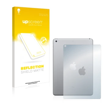 Face avant d’un emballage produit avec le logo de la marque upscreen. À côté, l’appareil Apple iPad 9.7