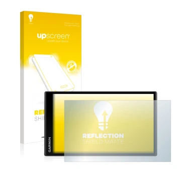 Face avant d’un emballage produit avec le logo de la marque upscreen. À côté, l’appareil Garmin Camper 770 LMT-D est représent