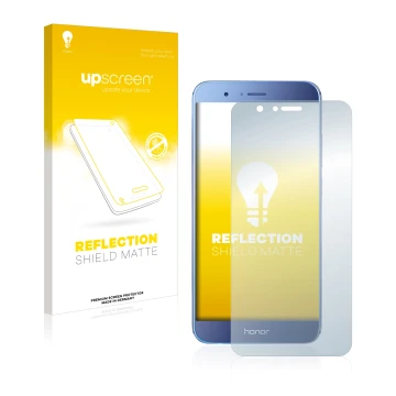 Face avant d’un emballage produit avec le logo de la marque upscreen. À côté, l’appareil Honor 8 Pro est représenté avec la pr