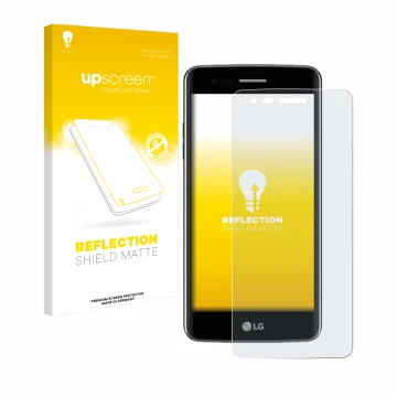 Face avant d’un emballage produit avec le logo de la marque upscreen. À côté, l’appareil LG K8 2017 est représenté avec la pro