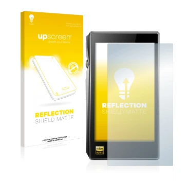 Face avant d’un emballage produit avec le logo de la marque upscreen. À côté, l’appareil FiiO X5 III est représenté avec la pr