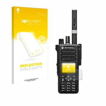 Face avant d’un emballage produit avec le logo de la marque upscreen. À côté, l’appareil Motorola DP4800 est représenté avec l