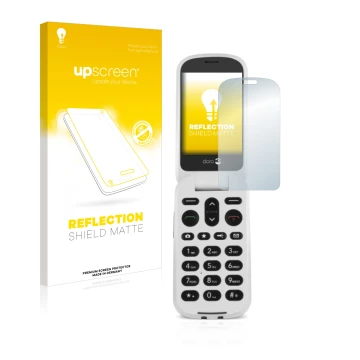 Face avant d’un emballage produit avec le logo de la marque upscreen. À côté, l’appareil Doro 6050 est représenté avec la prot