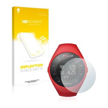 Face avant d’un emballage produit avec le logo de la marque upscreen. À côté, l’appareil Polar M200 est représenté avec la pro