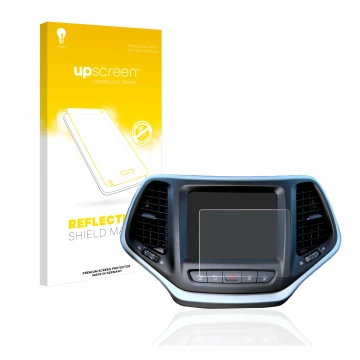Face avant d’un emballage produit avec le logo de la marque upscreen. À côté, l’appareil Jeep Cherokee Uconnect 8.4