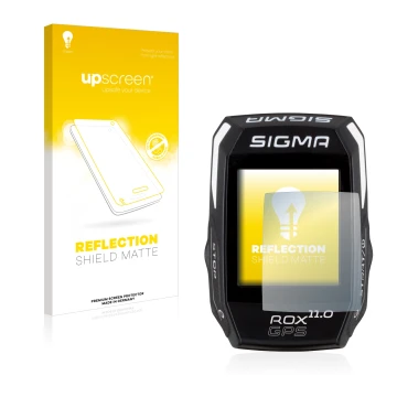Face avant d’un emballage produit avec le logo de la marque upscreen. À côté, l’appareil Sigma ROX GPS 11.0 est représenté ave