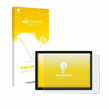 Face avant d’un emballage produit avec le logo de la marque upscreen. À côté, l’appareil Microsoft Surface Pro 5 2017 est repr