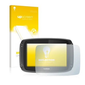 Face avant d’un emballage produit avec le logo de la marque upscreen. À côté, l’appareil TomTom Rider 450 est représenté avec 
