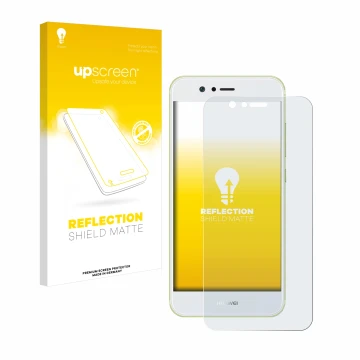 Face avant d’un emballage produit avec le logo de la marque upscreen. À côté, l’appareil Huawei Nova 2 est représenté avec la 