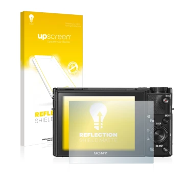 Face avant d’un emballage produit avec le logo de la marque upscreen. À côté, l’appareil Sony Cyber-Shot DSC-RX100 V est repré