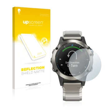 Face avant d’un emballage produit avec le logo de la marque upscreen. À côté, l’appareil Garmin quatix 5 est représenté avec l