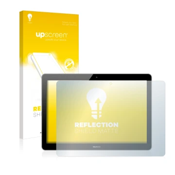 Face avant d’un emballage produit avec le logo de la marque upscreen. À côté, l’appareil Huawei MediaPad T3 10 est représenté 