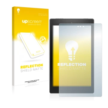 Face avant d’un emballage produit avec le logo de la marque upscreen. À côté, l’appareil Amazon Fire HD 8 2018 (8ème Gen.) est