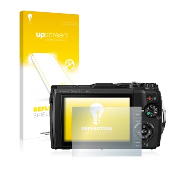 Face avant d’un emballage produit avec le logo de la marque upscreen. À côté, l’appareil Olympus Tough TG-5 est représenté ave