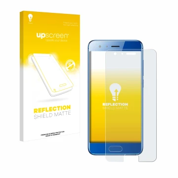 Face avant d’un emballage produit avec le logo de la marque upscreen. À côté, l’appareil Honor 9 est représenté avec la protec