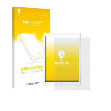 Face avant d’un emballage produit avec le logo de la marque upscreen. À côté, l’appareil Apple iPad Pro 10.5