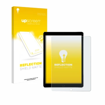 Face avant d’un emballage produit avec le logo de la marque upscreen. À côté, l’appareil Apple iPad Pro 12.9