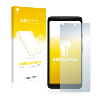 Face avant d’un emballage produit avec le logo de la marque upscreen. À côté, l’appareil Google Pixel 2 XL est représenté avec