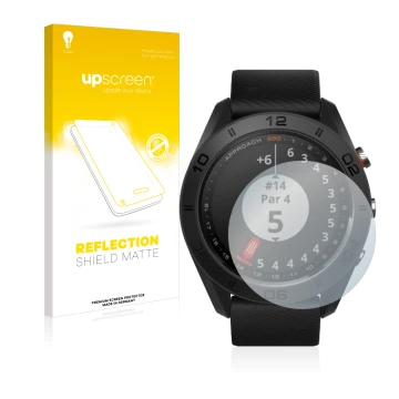 Face avant d’un emballage produit avec le logo de la marque upscreen. À côté, l’appareil Garmin Approach S60 est représenté av