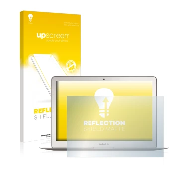 Face avant d’un emballage produit avec le logo de la marque upscreen. À côté, l’appareil Apple MacBook Air 13