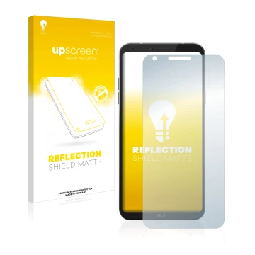 Face avant d’un emballage produit avec le logo de la marque upscreen. À côté, l’appareil LG Q6 est représenté avec la protecti