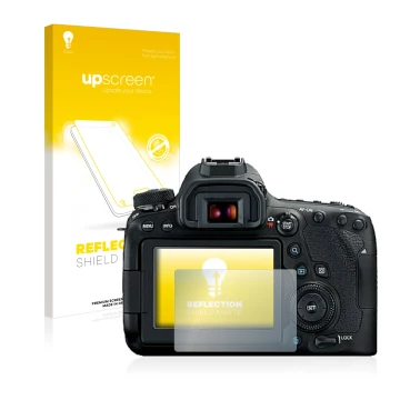 Face avant d’un emballage produit avec le logo de la marque upscreen. À côté, l’appareil Canon EOS 6D Mark II est représenté a