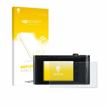 Face avant d’un emballage produit avec le logo de la marque upscreen. À côté, l’appareil Leica TL2 est représenté avec la prot