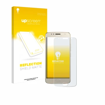 Face avant d’un emballage produit avec le logo de la marque upscreen. À côté, l’appareil Motorola Moto G5S est représenté avec