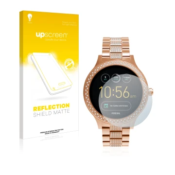 Face avant d’un emballage produit avec le logo de la marque upscreen. À côté, l’appareil Fossil Q Venture est représenté avec 