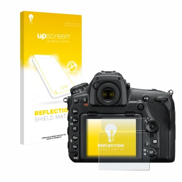 Face avant d’un emballage produit avec le logo de la marque upscreen. À côté, l’appareil Nikon D850 est représenté avec la pro
