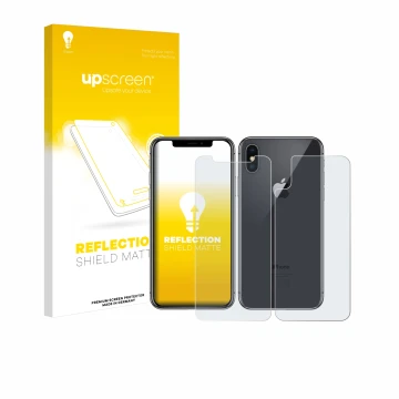 Face avant d’un emballage produit avec le logo de la marque upscreen. À côté, l’appareil Apple iPhone X (Avant+Arrière) est re
