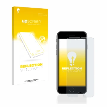 Face avant d’un emballage produit avec le logo de la marque upscreen. À côté, l’appareil Apple iPhone 8 est représenté avec la