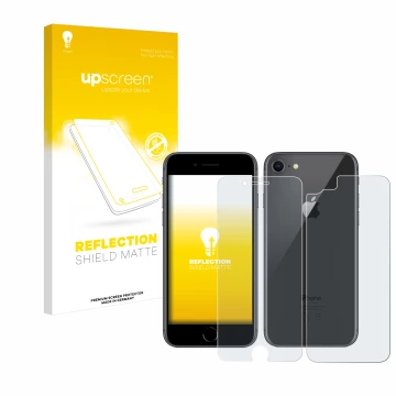 Face avant d’un emballage produit avec le logo de la marque upscreen. À côté, l’appareil Apple iPhone 8 (Avant+Arrière) est re