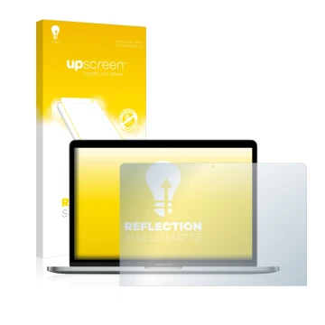 Face avant d’un emballage produit avec le logo de la marque upscreen. À côté, l’appareil Apple MacBook Pro 13