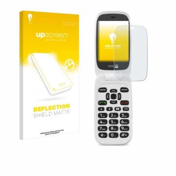 Face avant d’un emballage produit avec le logo de la marque upscreen. À côté, l’appareil Doro 6520 est représenté avec la prot